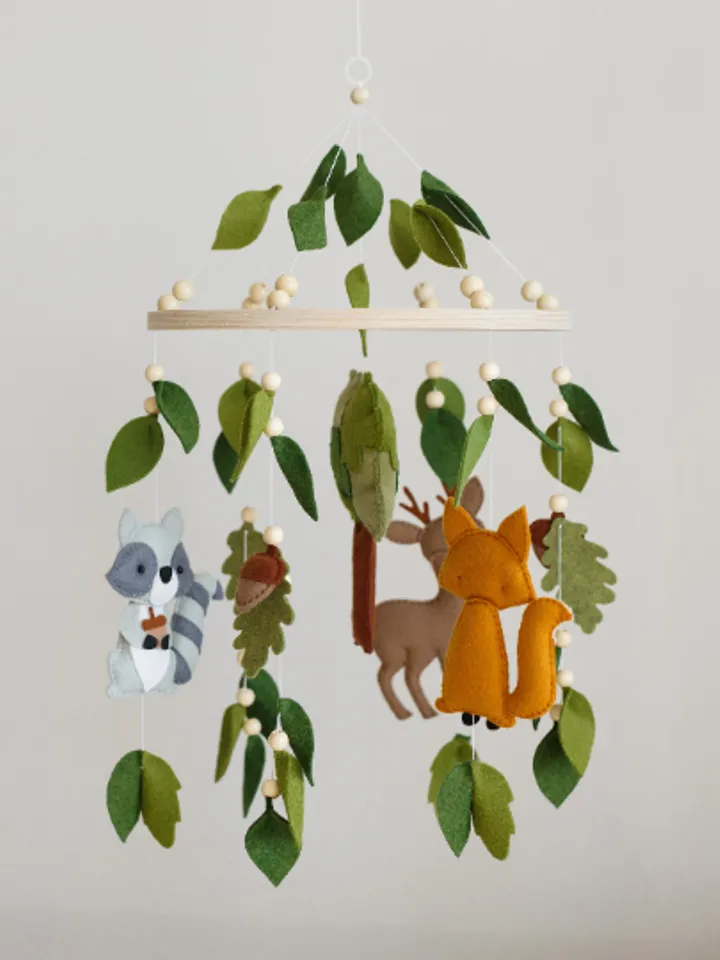 Handcrafted Fox, Deer, Raccoon and Woodland Themed Felt Baby Mobile - Customizable Nursery Decor