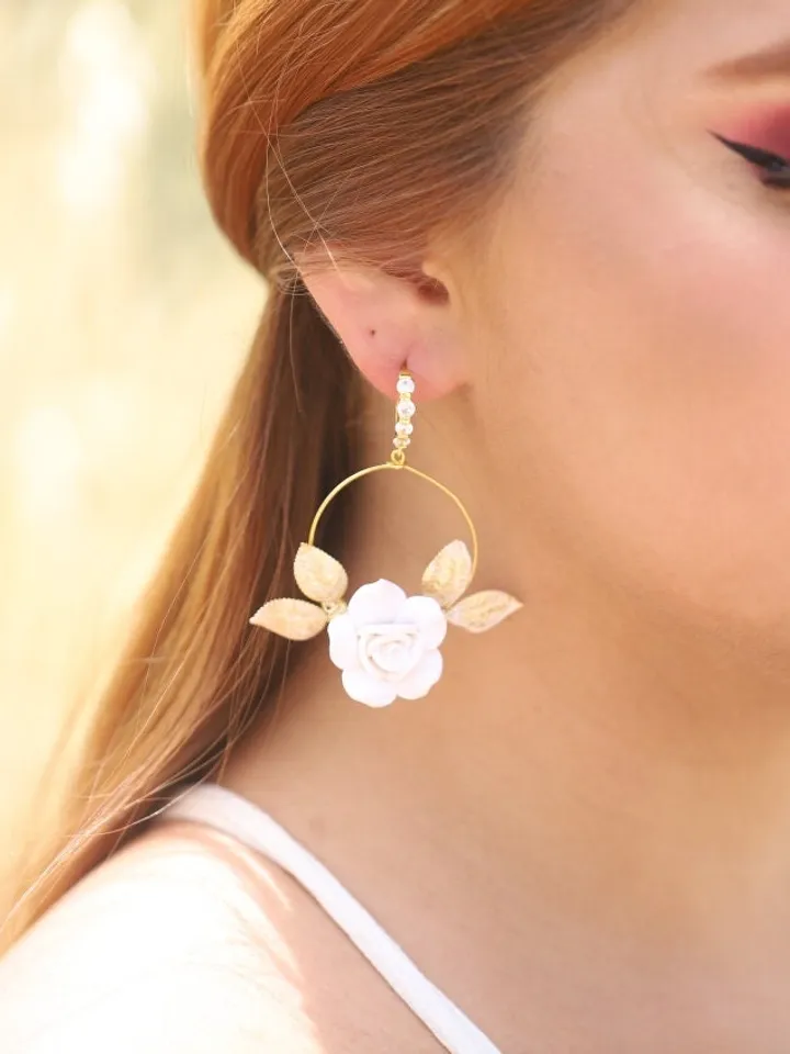 Gold Porcelain Flower Hoop Boho Wedding Earrings, Statement Crystal Leaves Boho Bridal Earrings, Floral Bridal Jewelry, Leaf Wedding Jewelry