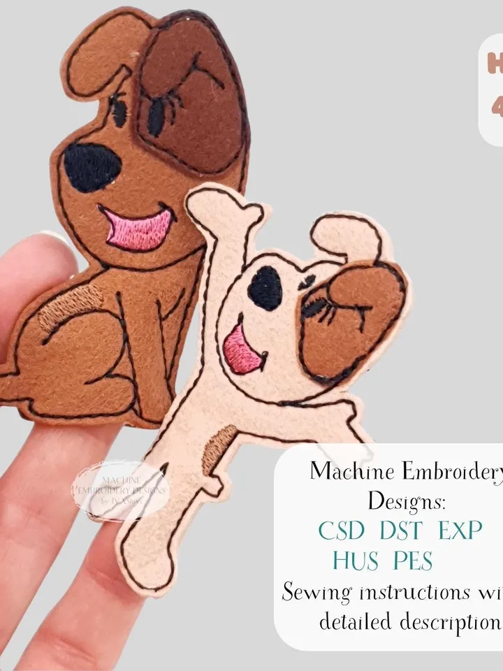 Dog Finger Puppets ITH Embroidery Design Set (2 pcs), Cute Felt Puppy Pattern, Animal Toy File, Digital Download