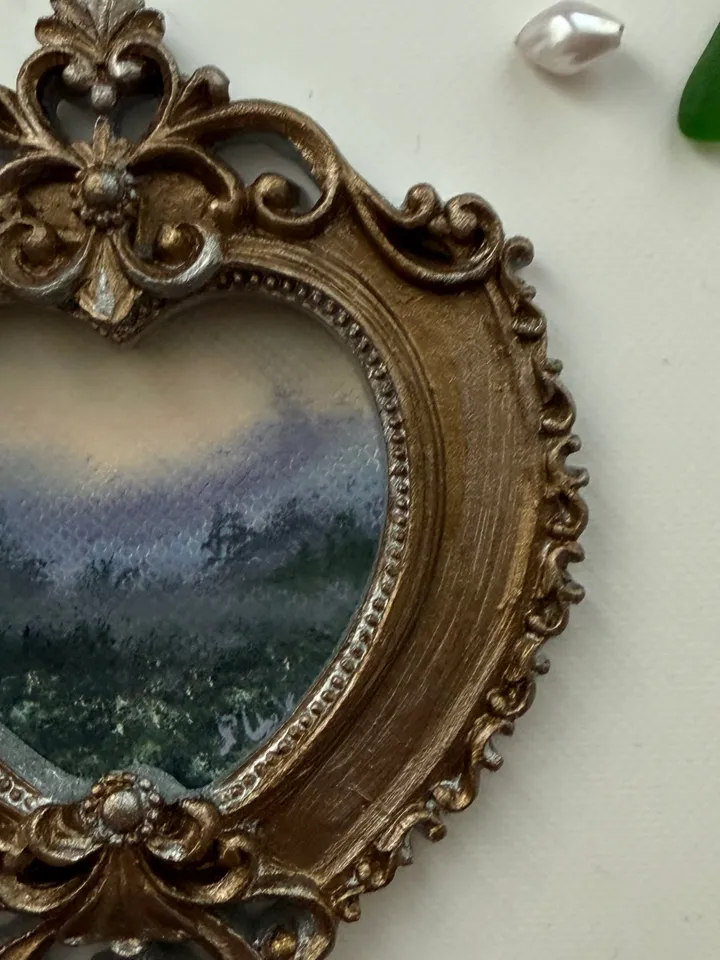 Morning Foggy Field Landscape Painting Original In Vintage Style Frame Small Framed Oval Painting Art