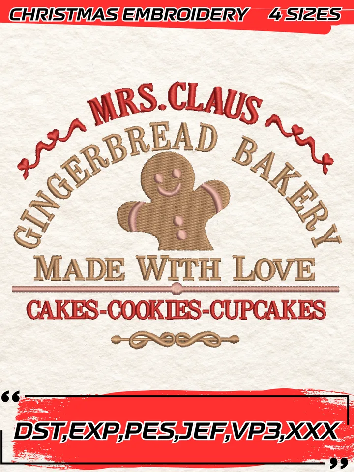 Mrs Claus Gingerbread Bakery Embroidery Designs,Christmas Embroidery Design,4 Sizes, Digital Download
