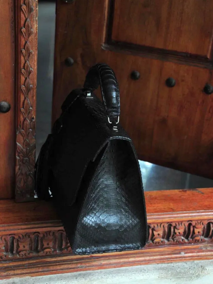 Top handle black classy genuine python skin big bag | exotic leather bags | Elegant women purse | snake skin bag | designer leather bag