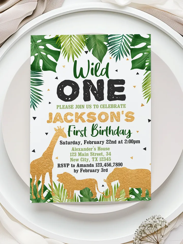 Safari Gold Birthday invitation, EDITABLE Jungle wild one Invitations, Boy 1st Birthday Invites Instant download Printable template