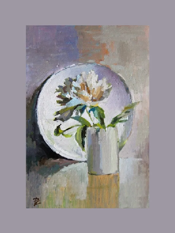 Oil painting. White peony. Miniature.