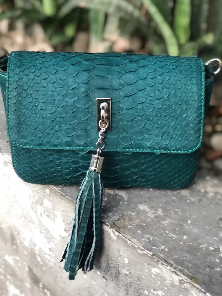 Dark green genuine python skin tassel bag | green chain crossbody bag | Leather designer bag | Exotic skin bag | Small crossbody Bag tassel