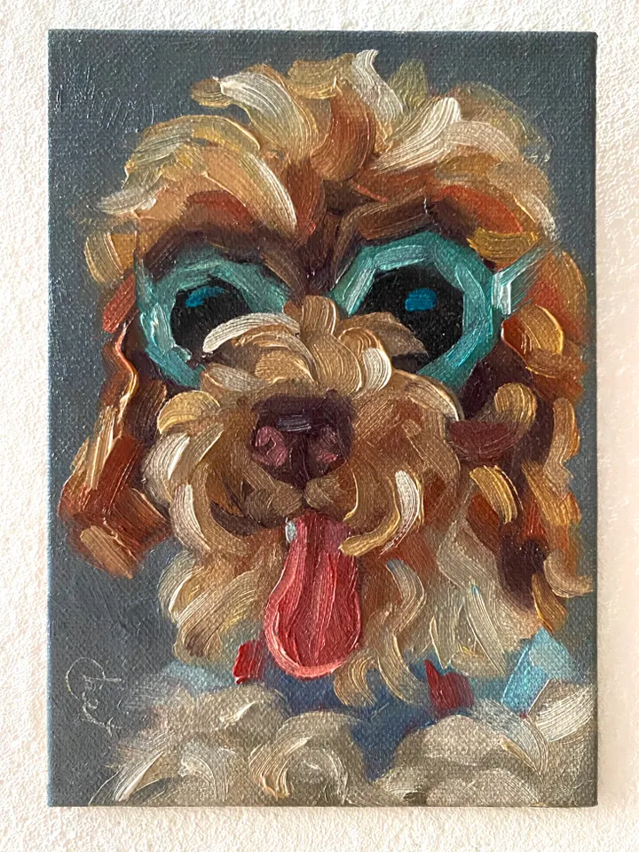 Dog oil painting original, Pet portrait artwork, Animal miniature wall art 4x6