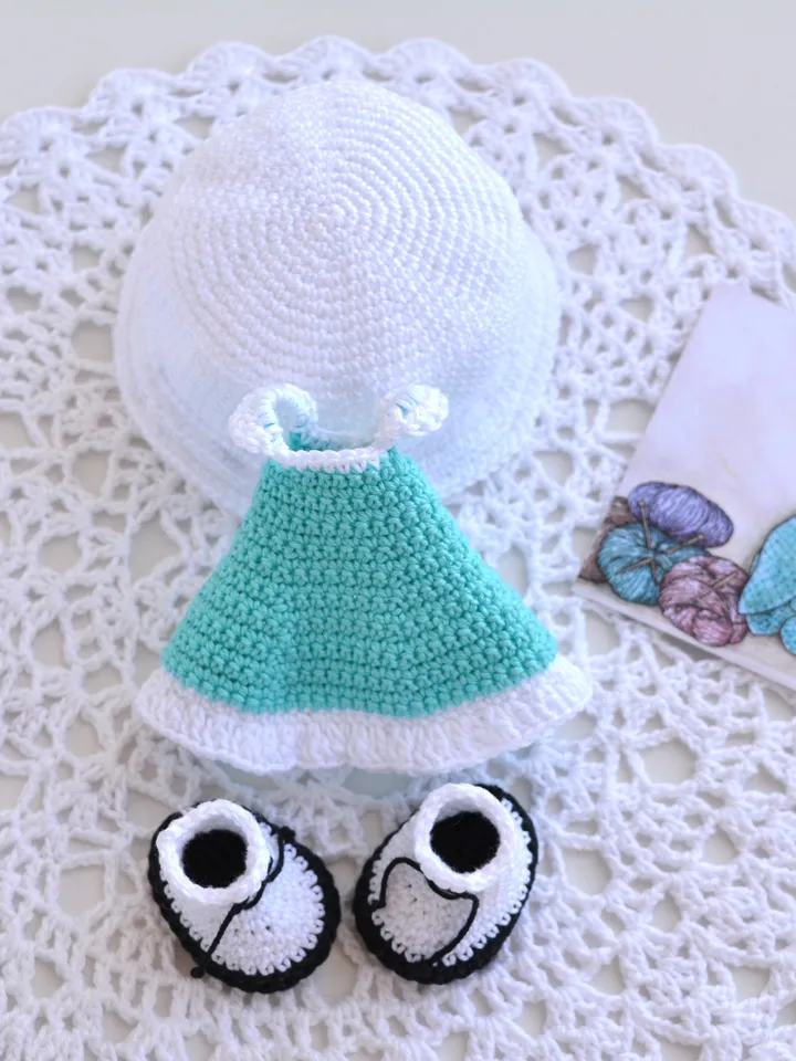 Crochet Doll Clothes Pattern, Outfit for Doll of 18 cm tall (English PDF), crochet doll dress pattern, dress amigurumi doll, dress pattern doll, clothes crochet doll, crochet boots and panama, doll clothes set