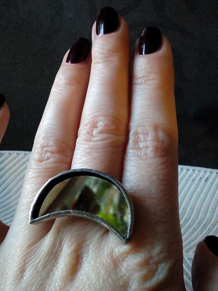 Mirror crescent ring, moon ring, soldered ring, stained glass ring, protection ring, Halloween ring, witchy aesthetic