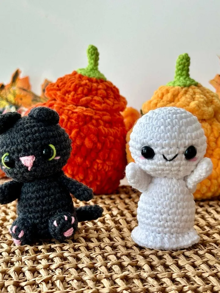 Crochet pattern black cat and ghost in pumpkin - Halloween Amigurumi toy pattern, Plush Pattern English, PDF tutorial - fall gift for baby