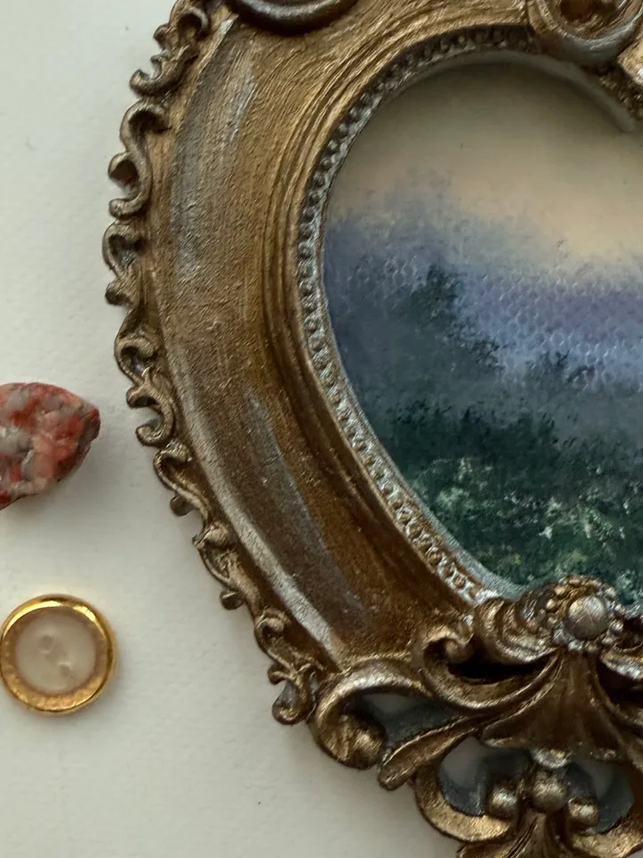 Morning Foggy Field Landscape Painting Original In Vintage Style Frame Small Framed Oval Painting Art