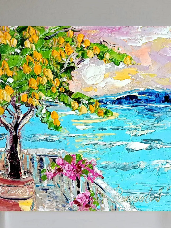 Italy Lemon Painting Coastal Painting Seascape Painting Abstract Italy Painting Art Original Art Impasto Oil Painting ArtProkopaloSv