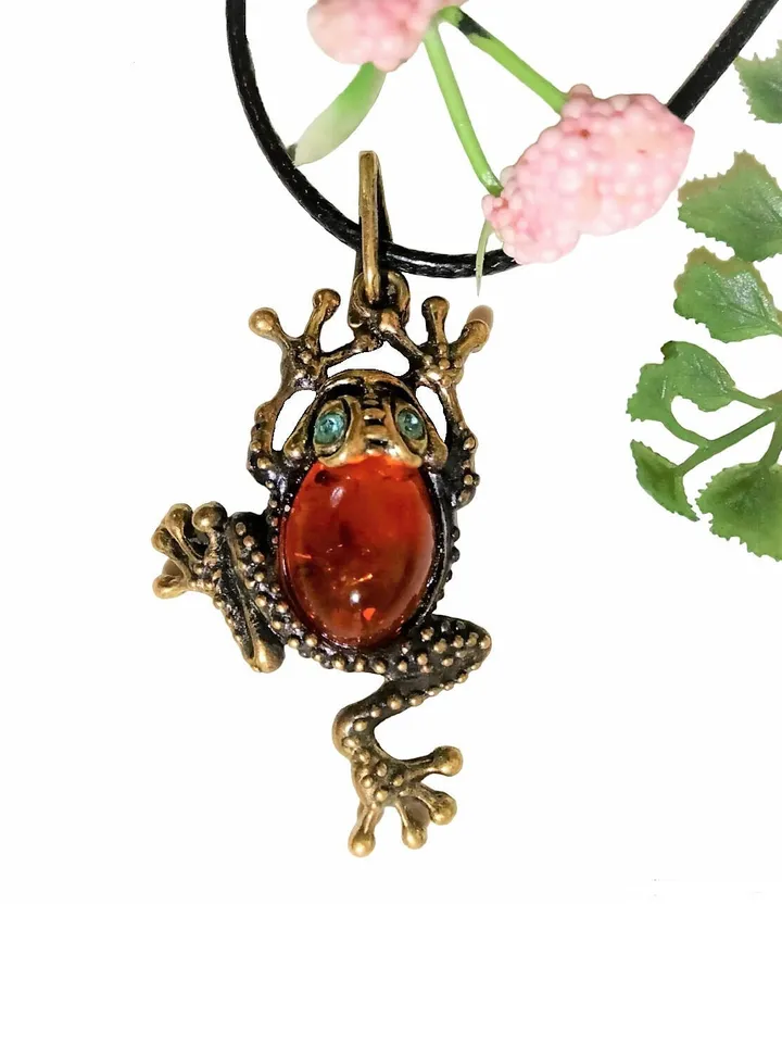 Frog Animal Necklace Gold Brass with Amber pendant Nature lovers gift for friend woman children funny jewelry
