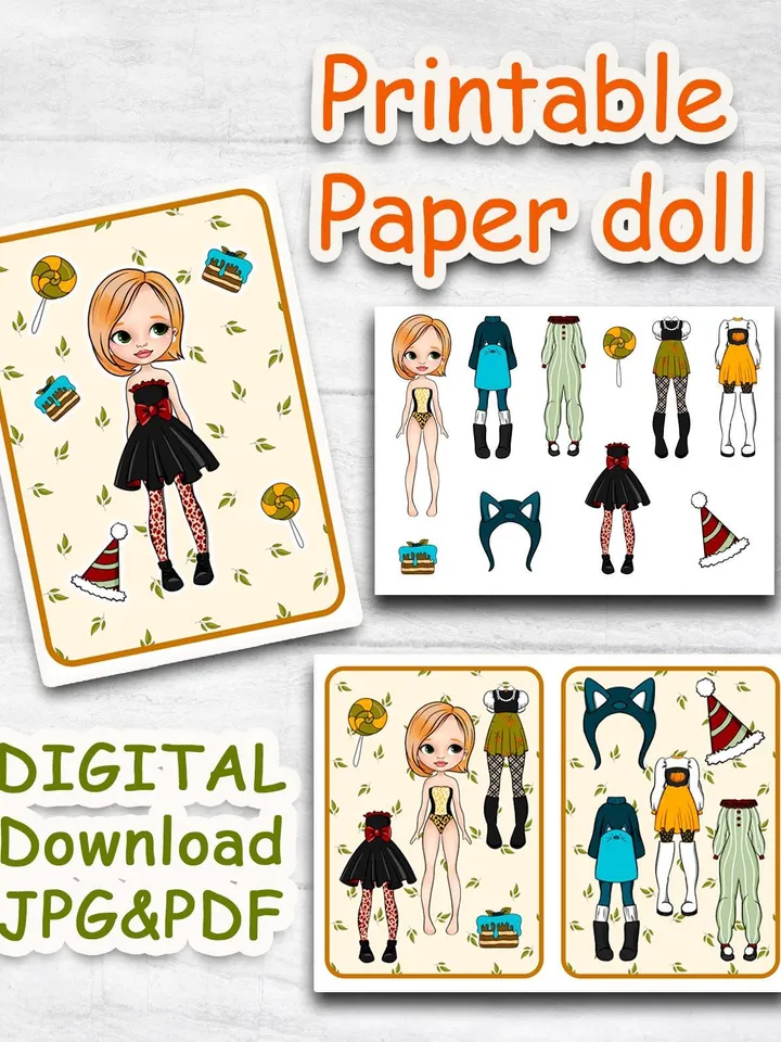 Printable paper doll  with a set clothes, Halloween printable doll house, Blythe paper doll dress up, Busy book printable crafts kids