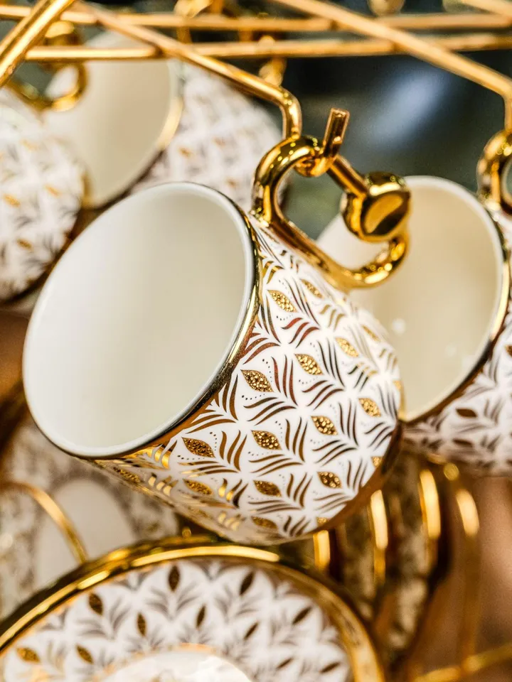 14K Genuine Gold Powder Porcelain Tea Cups And Saucers | Tea Cups Saucers Set | Gold Porcelain Set | Elegant Teaware | Gift For Tea Lovers