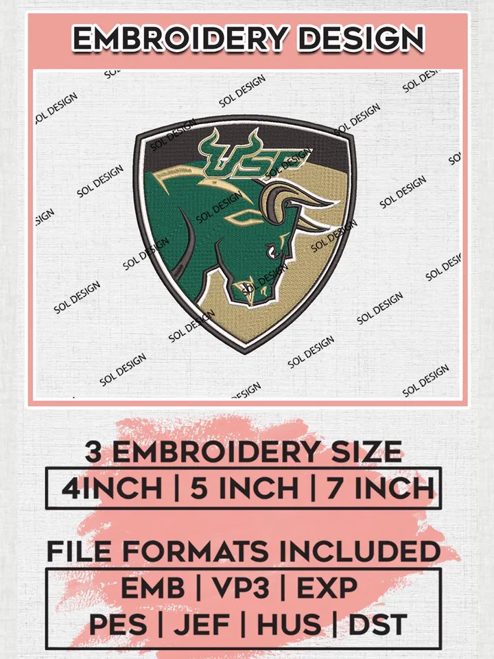 NCAA South Florida Bulls Team Logo Machine Embroidery Design, NCAA South Florida Bulls Team Design Design files, NCAA Team Embroidery Designs, NCAA Machine Embroidery Designs, Digital Download