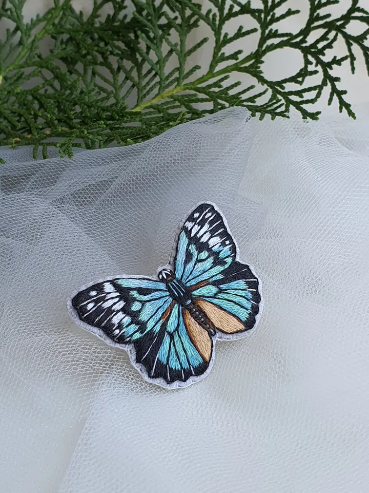 Butterfly Brooch. Hand-embroidered brooch, artistic satin stitch.