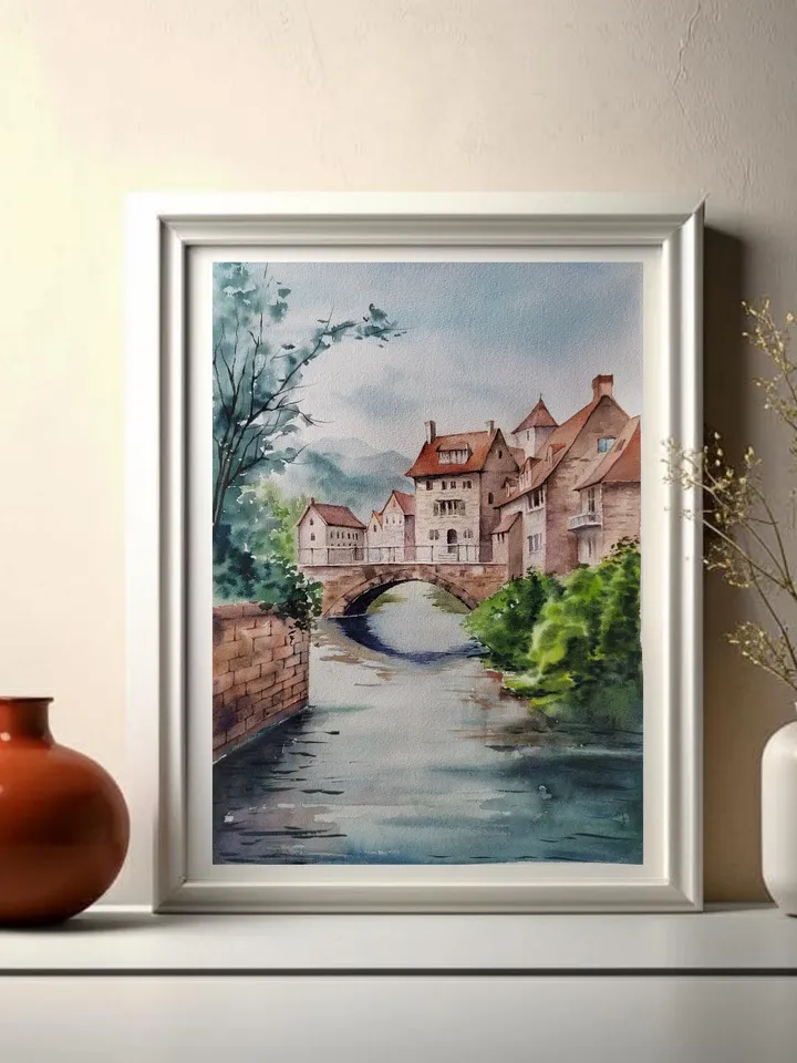 Original Watercolor Painting English Landscape Art CozyTown Artwork 30x40 cm by SoftWaves