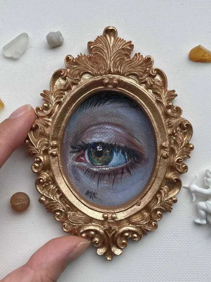 Original Framed Lover's Eye Antique Painting Illustration Vintage Style Small