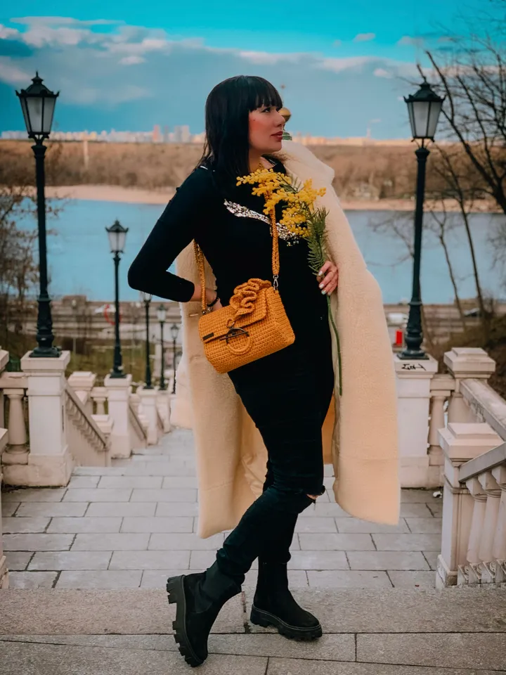 Mustard crossbody with ruffles, crochet bag, handmade luxury handbag, clutch, shoulder bag, accessories for gift, cotton cord