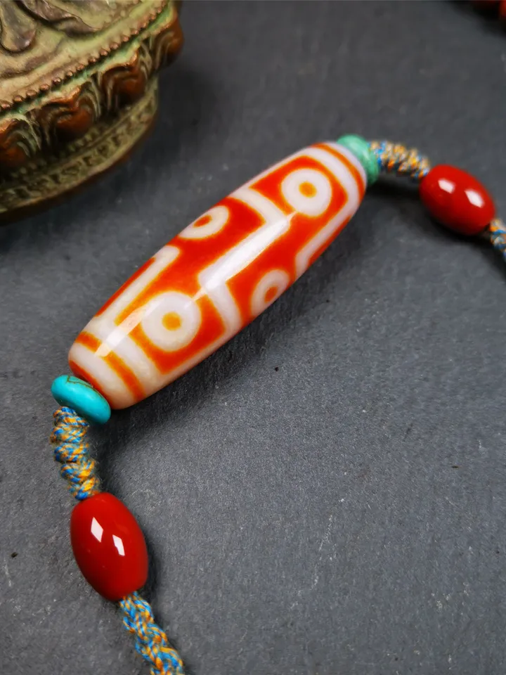 Gandhanra Unique Tibetan Fire Agate 9 Eyes Dzi Bead Necklace,1.93&quot; x 0.59&quot;