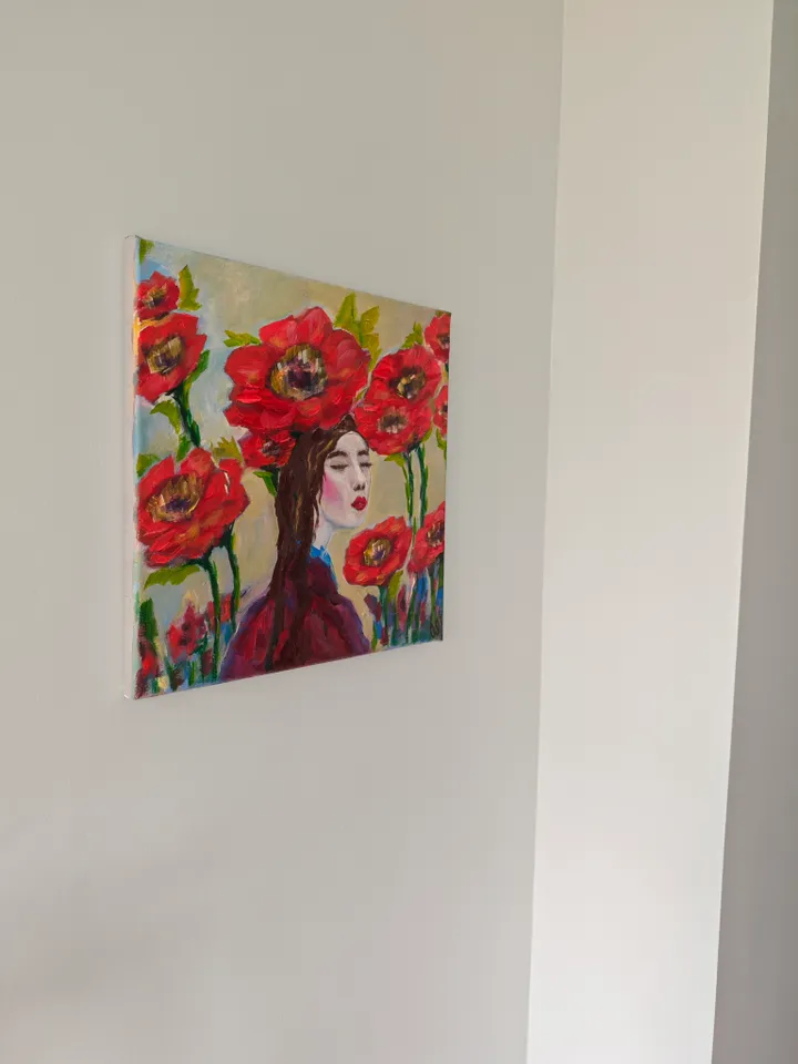 Red Flowers Original Painting Woman Portrait And Red Flowers Original Art Woman Head Floral Abstract Artwork Woman And Flowers Oil Painting Red Poppies And Chinese Woman Art 12 x 12 inches by OlgaSokolovaArt