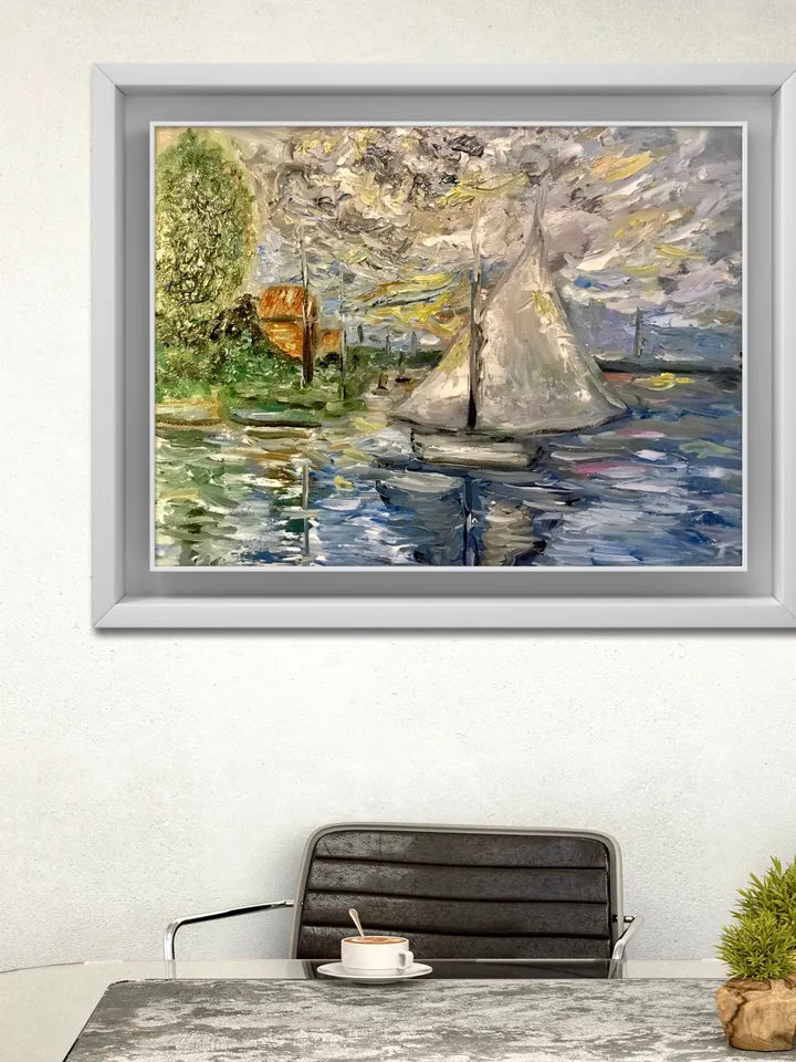 Boat on the river,original oil impressionistic style painting on canvas board,Monet inspired,handmade painting,home decoration wall hanging