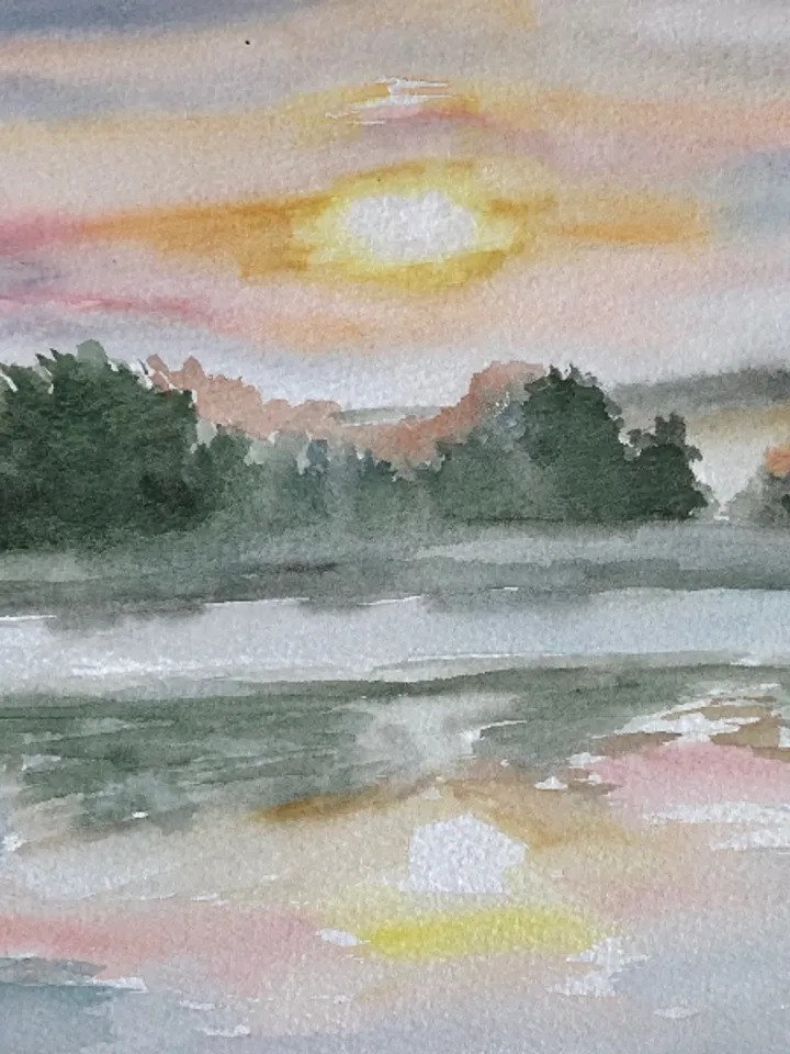 Sunset over the river landscape original watercolour painting wall art hand painted