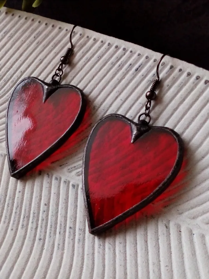 Heart stained glass earrings for Valentine day, valentines kawaii earrings