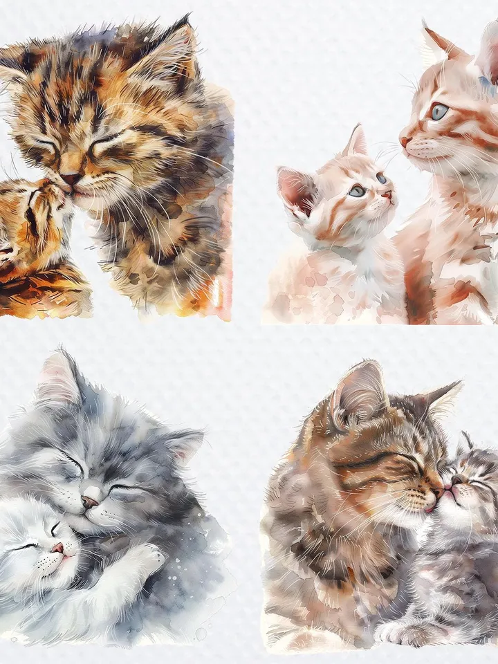 16 Cat and Kitten PNG Bundle, Kitten Love Printable Watercolor clipart, High Quality PNGs, Digital download, Paper craft, junk journal