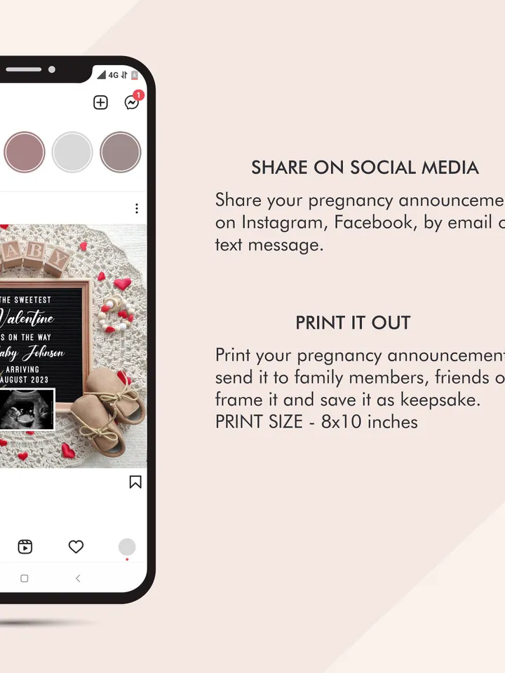 Valentines Day Pregnancy Announcement Digital for Social Media, Baby Announcement Sweetest Valentine Is On The Way Editable Digital Template