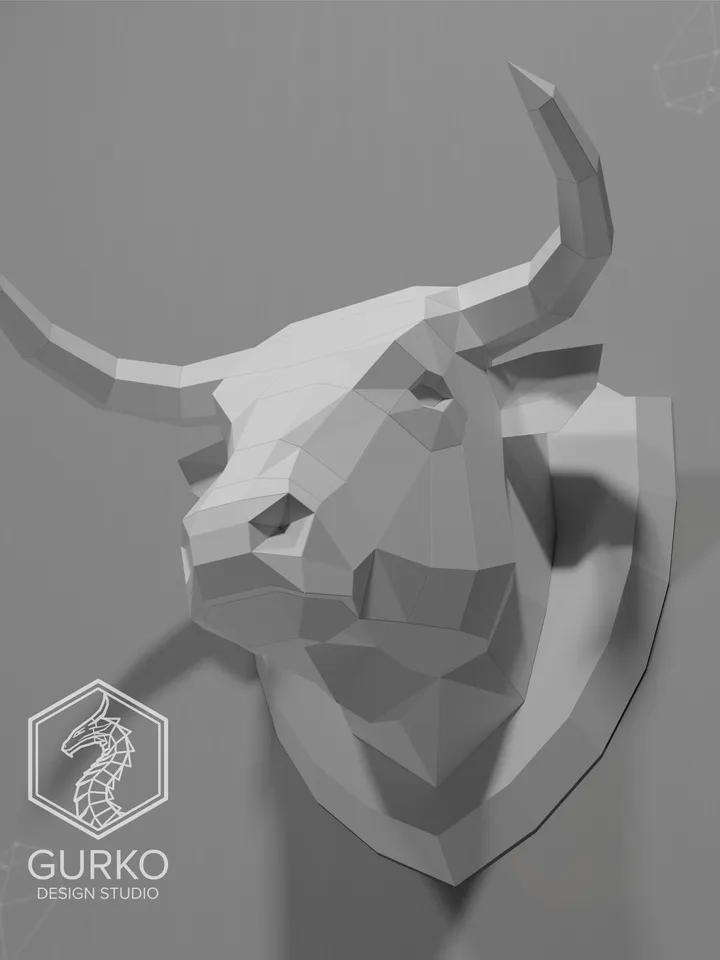Bull Head Papercraft, Digital Template, PDF Download, Gurko, Trophy, 3D Low Poly, Pepakura, DIY Origami, Paper Decor, DIY Gift