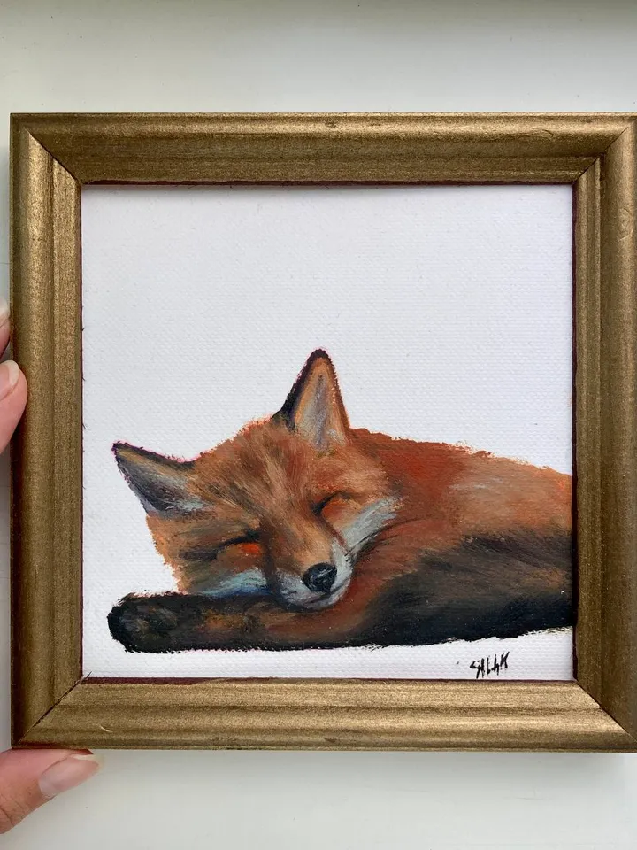 Cute Fox Painting Framed Antique Oil Painting Original Art Gold Frame Animal Painting Realistic Fox Small Oil Painting Framed Decor