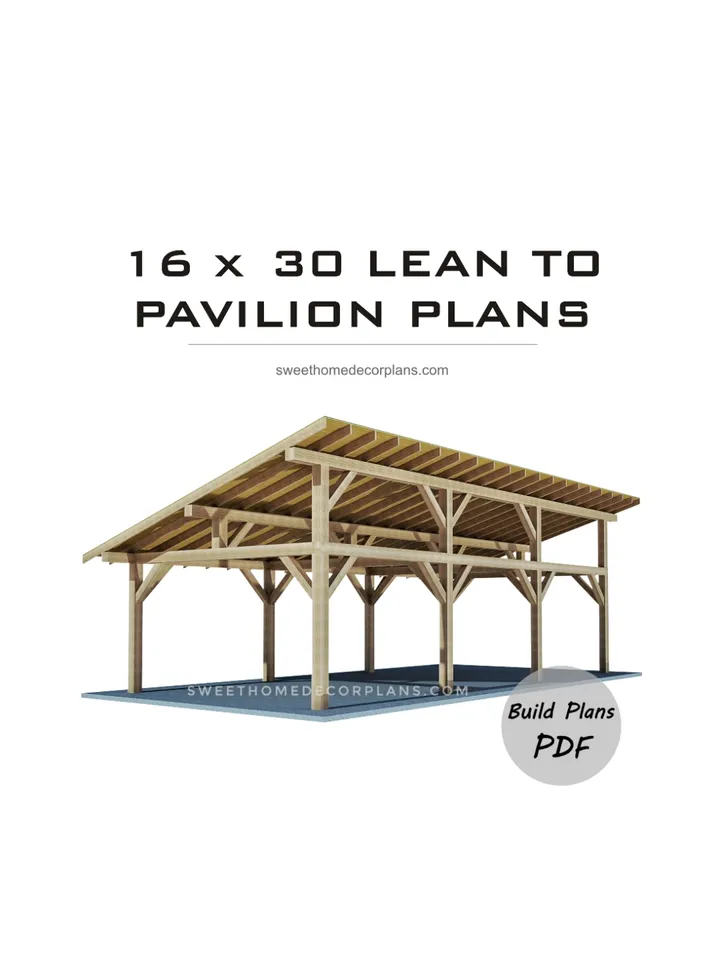DIY 16 x 30 lean to pavilion plans pdf. Detached carport plans. Wooden covered gazebo outdoor plans. Timber frame backyard garage plans.