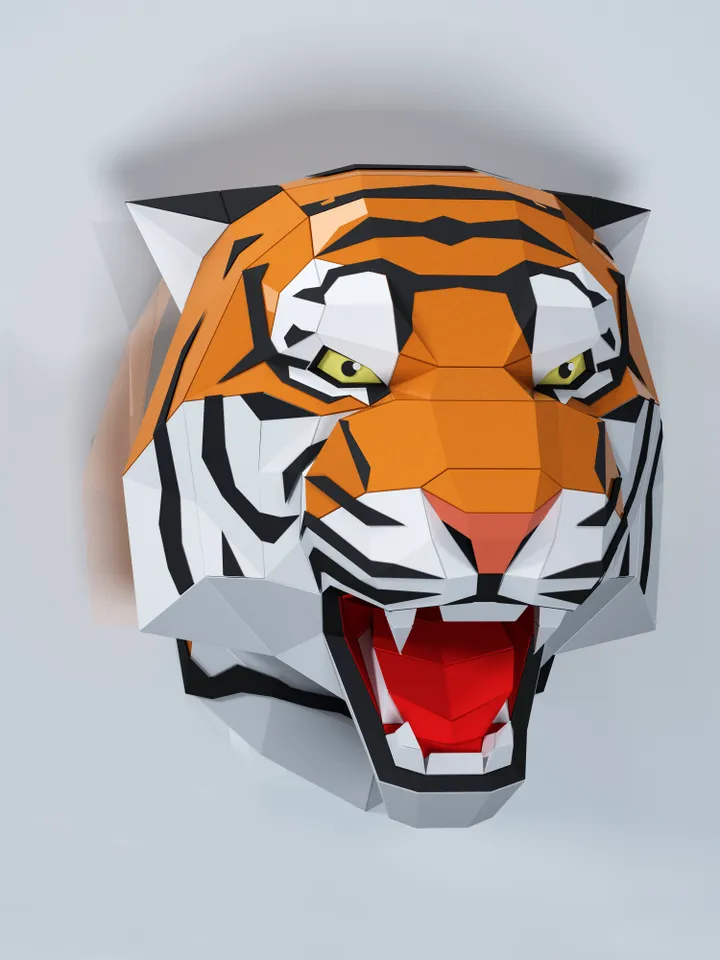 Angry Tiger Head Papercraft, Cat, Digital Template, PDF Download, Gurko, 3D Low Poly, Pepakura, DIY Origami Sculpture, Paper Decor, DIY Gift