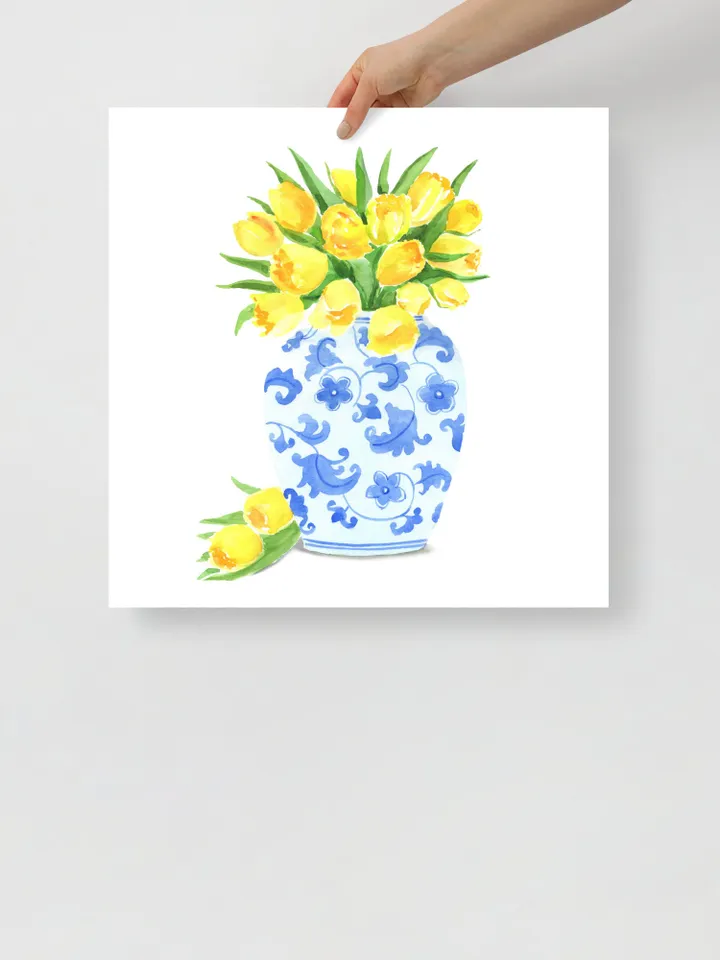Chinoiserie Vase And Yellow Tulips, Blue White Ginger Jar, Flower Vase Painting, Vintage Chinoiserie, Ginger Vase, Apartment Decor, Print