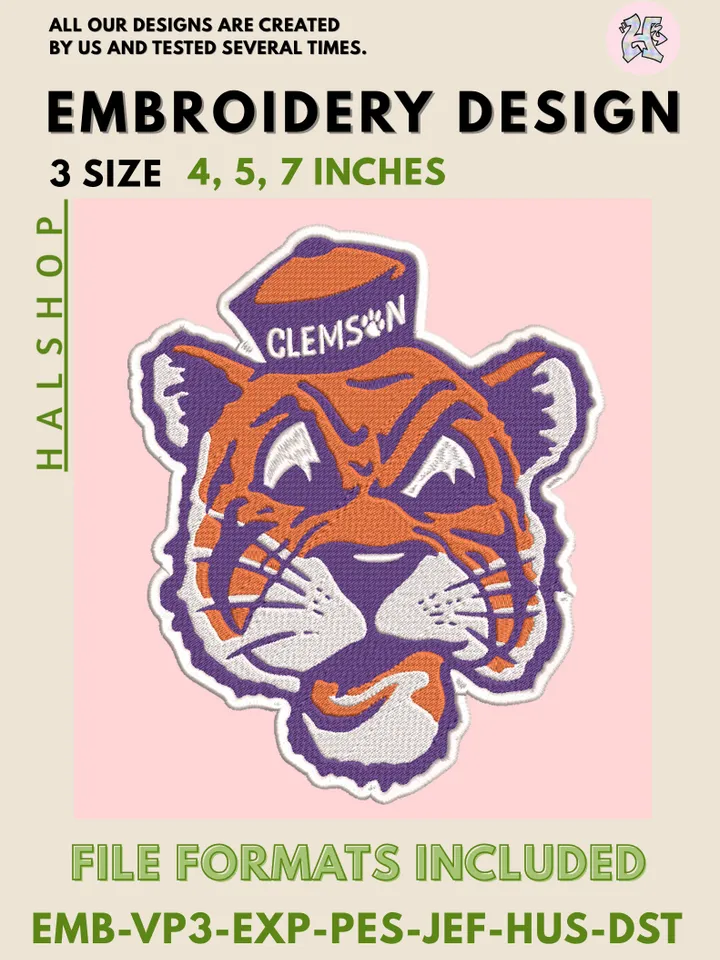 NCAA Clemson Tigers College Team Logo Embroidery Design – Classic Round Pattern, 3 Sizes Machine Embroidery Files, Digital Instant Download