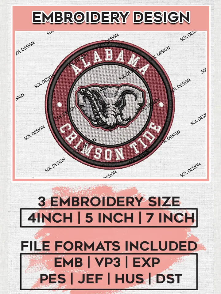 NCAA Alabama Crimson Tide Round Logo Embroidery, NCAA Alabama Crimson Tide Logo Embroidery files, NCAA Teams, Machine embroidery designs, Digital Download
