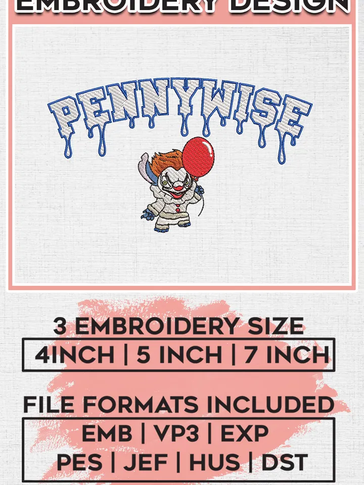 Halloween Pennywise Drop Name Embroidery designs, Horror Movie Machine embroidery designs, Horror Halloween embroidery files, Spooky Season Machine Embroidery Digitized Pes Files, Digital Download