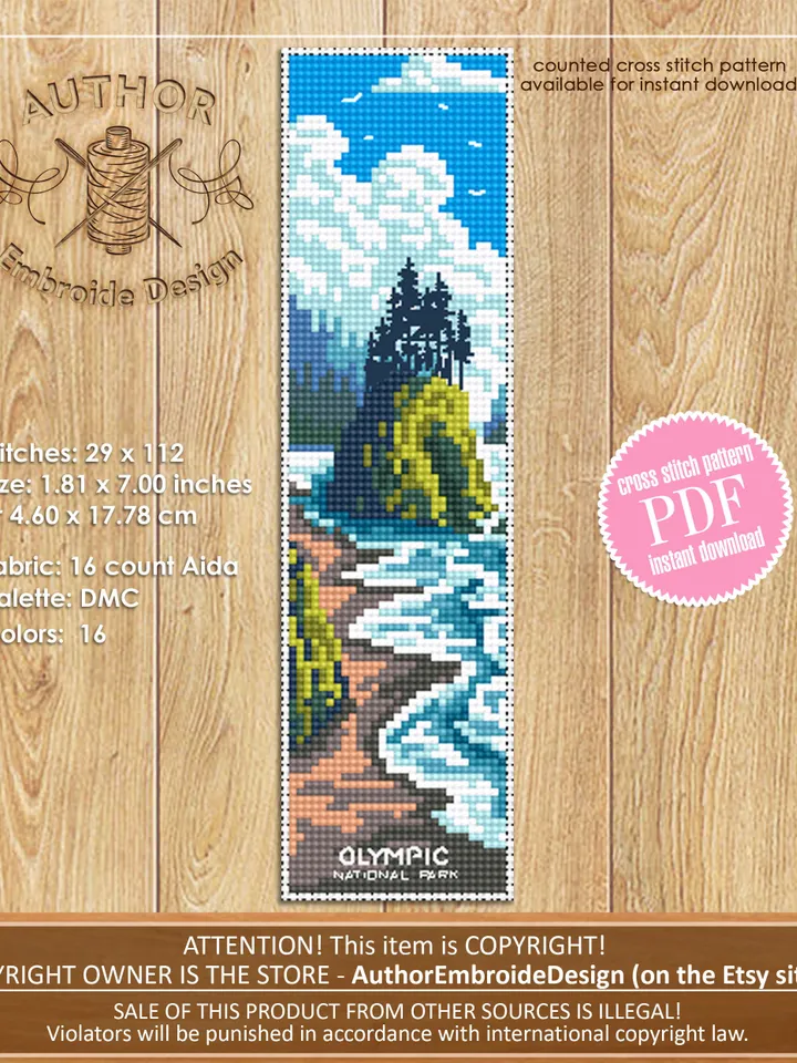 Olympic National park bookmark cross stitch pattern PDF download Nature cross stitch chart, Digital bookmark pattern PDF, Ocean waves #B182