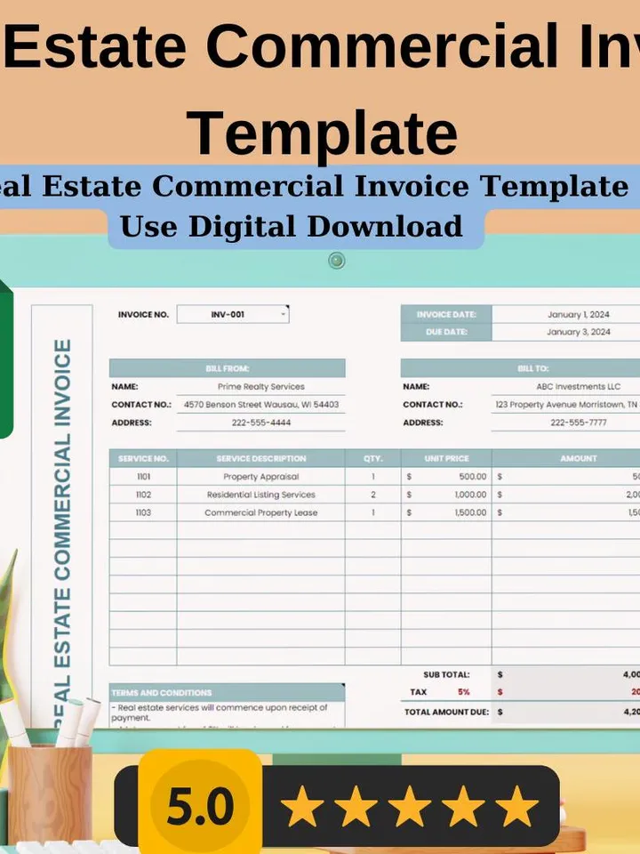 Editable Real Estate Commercial Invoice Template | Easy to Use Digital Download | Google Sheets Invoice for Real Estate Professionals