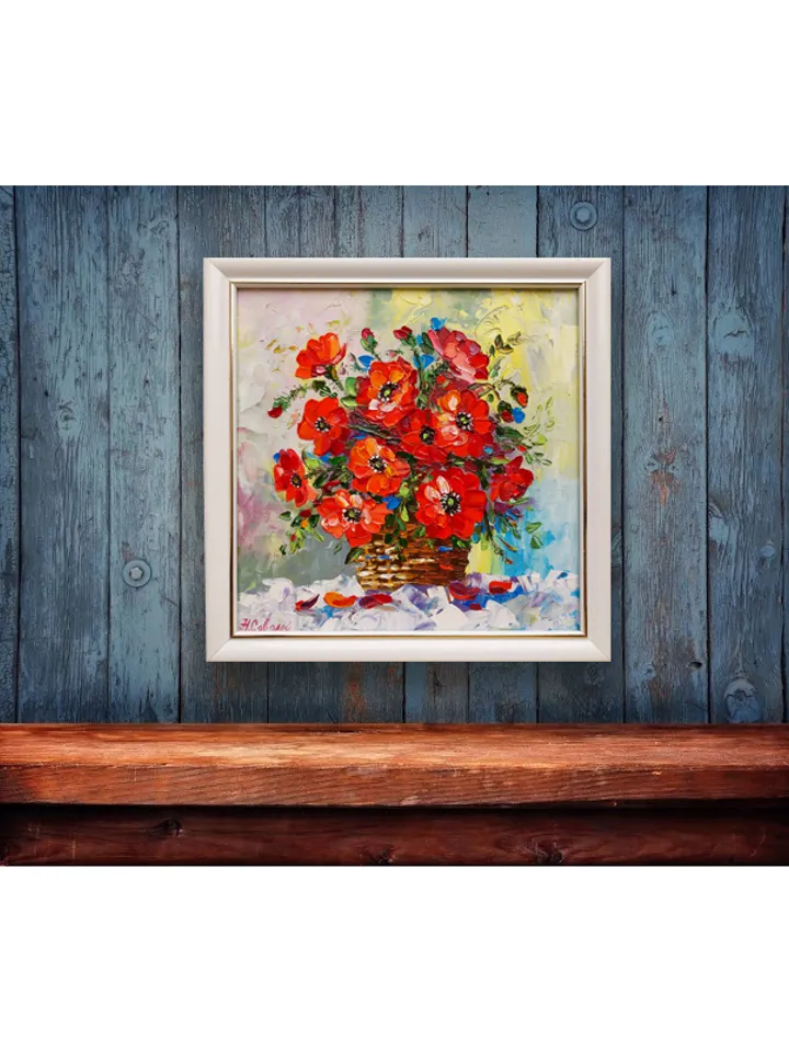 Original Oil Painting Poppies Bright Bouquet of Flowers 8" by 8" (20х20sm ) by OilPaintingNatali