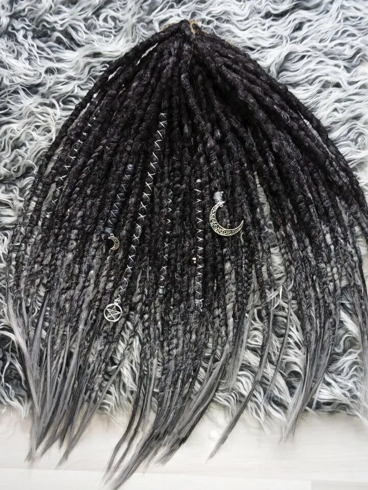 Synthetic Black Dreadlock Extensions With Gray Ends Double or Single Ended DE SE Fake Dreads Witch Hair 20 inches