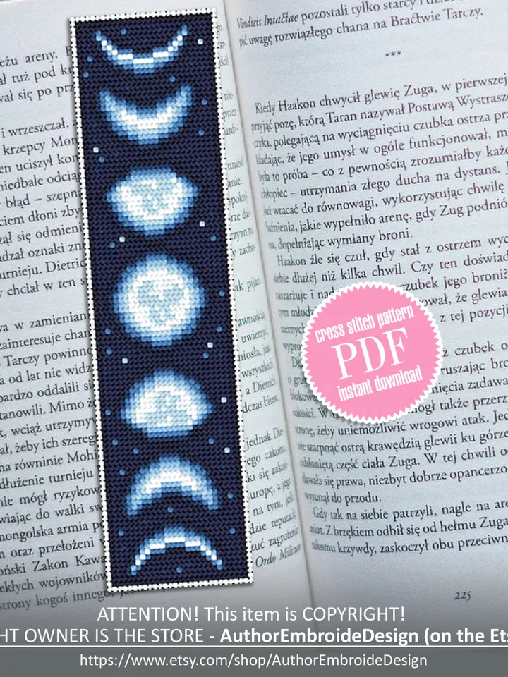 Moon bookmark cross stitch pattern download PDF, Handmade bookmark embroidery PDF, Moon phases cross stitch chart, Starry night sky #B83