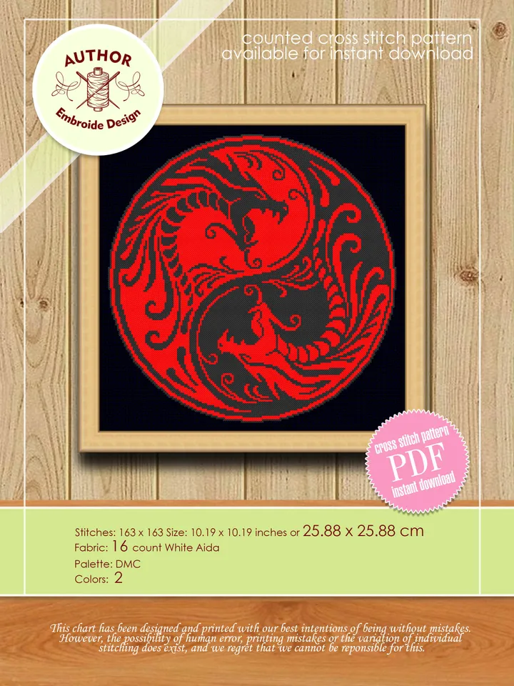 Dragons Yin Yang cross stitch pattern download PDF Dragons mandala digital Ying Yang embroidery beginners Modern cross stitch chart #M161