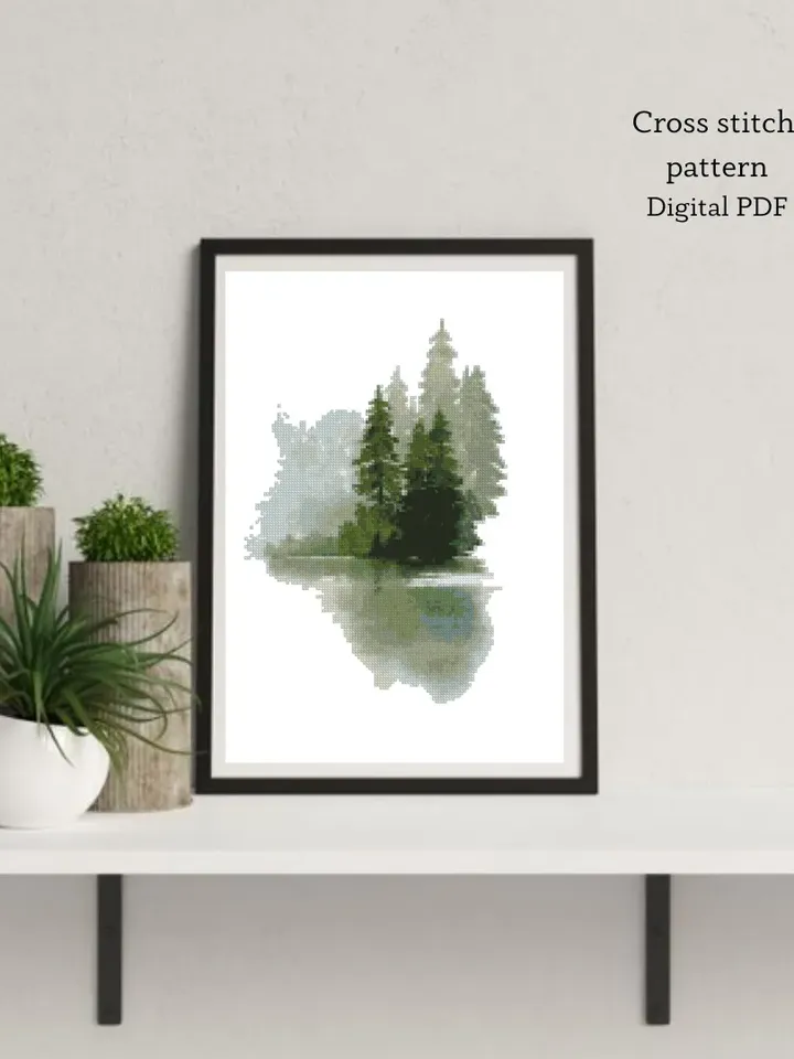 Green Forest cross stitch PDF pattern, Pine tree Nature embroidery, Instant download