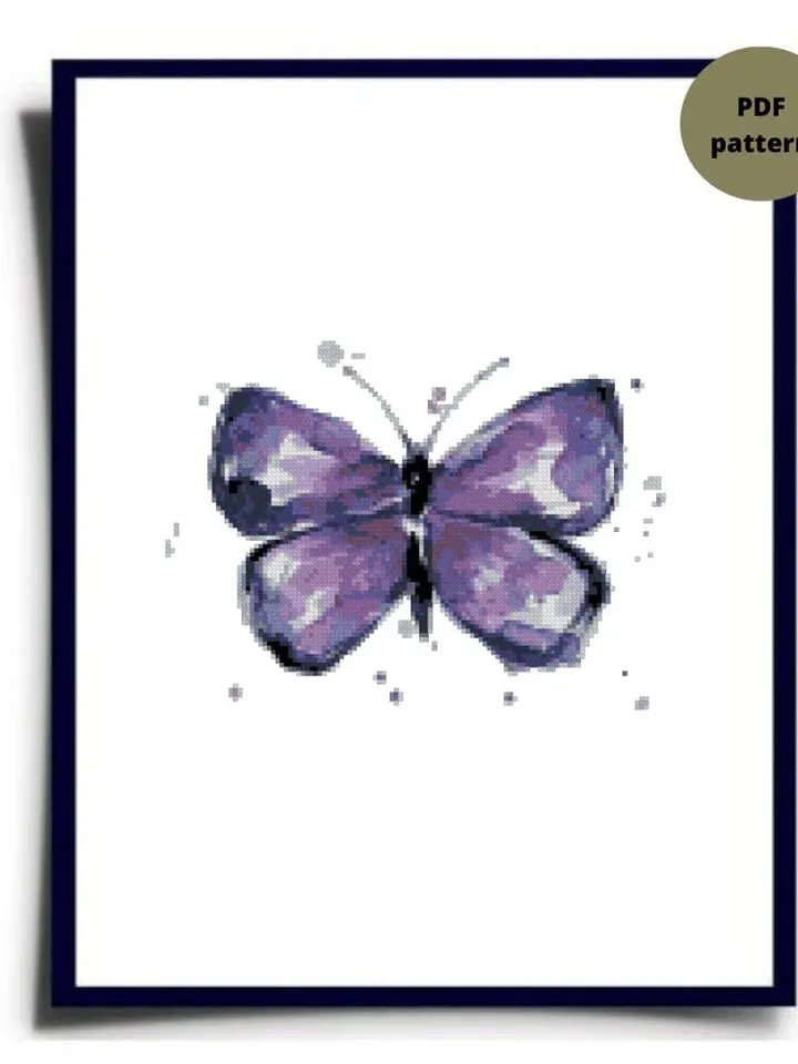 Watercolor Purple Butterfly cross stitch PDF pattern, Insect embroidery, Instant download