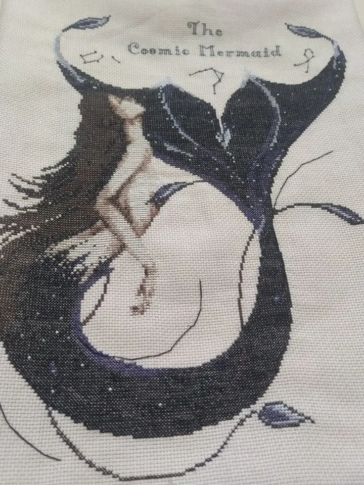 Handmade space mermaid painting, mermaid wall art, for wall decor, finished cross stitch