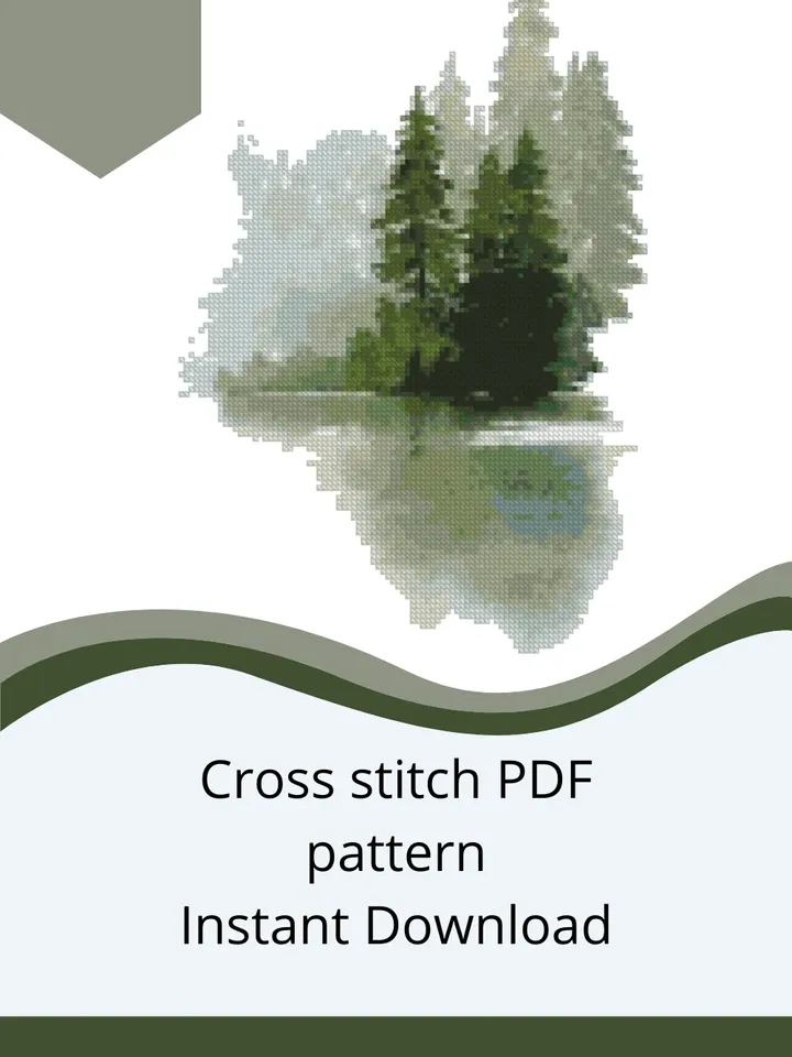 Green Forest cross stitch PDF pattern, Pine tree Nature embroidery, Instant download