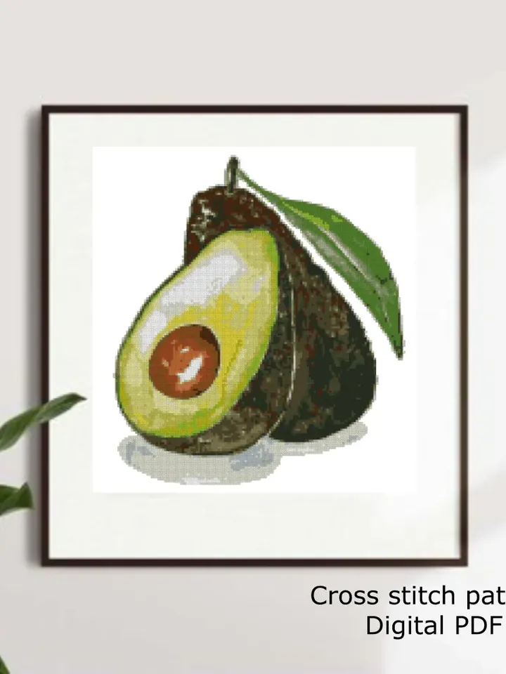 Watercolor Avocado cross stitch PDF pattern, Food embroidery, Instant download