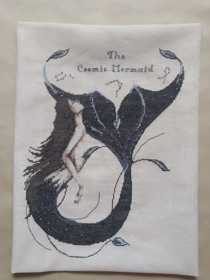 Handmade space mermaid painting, mermaid wall art, for wall decor, finished cross stitch